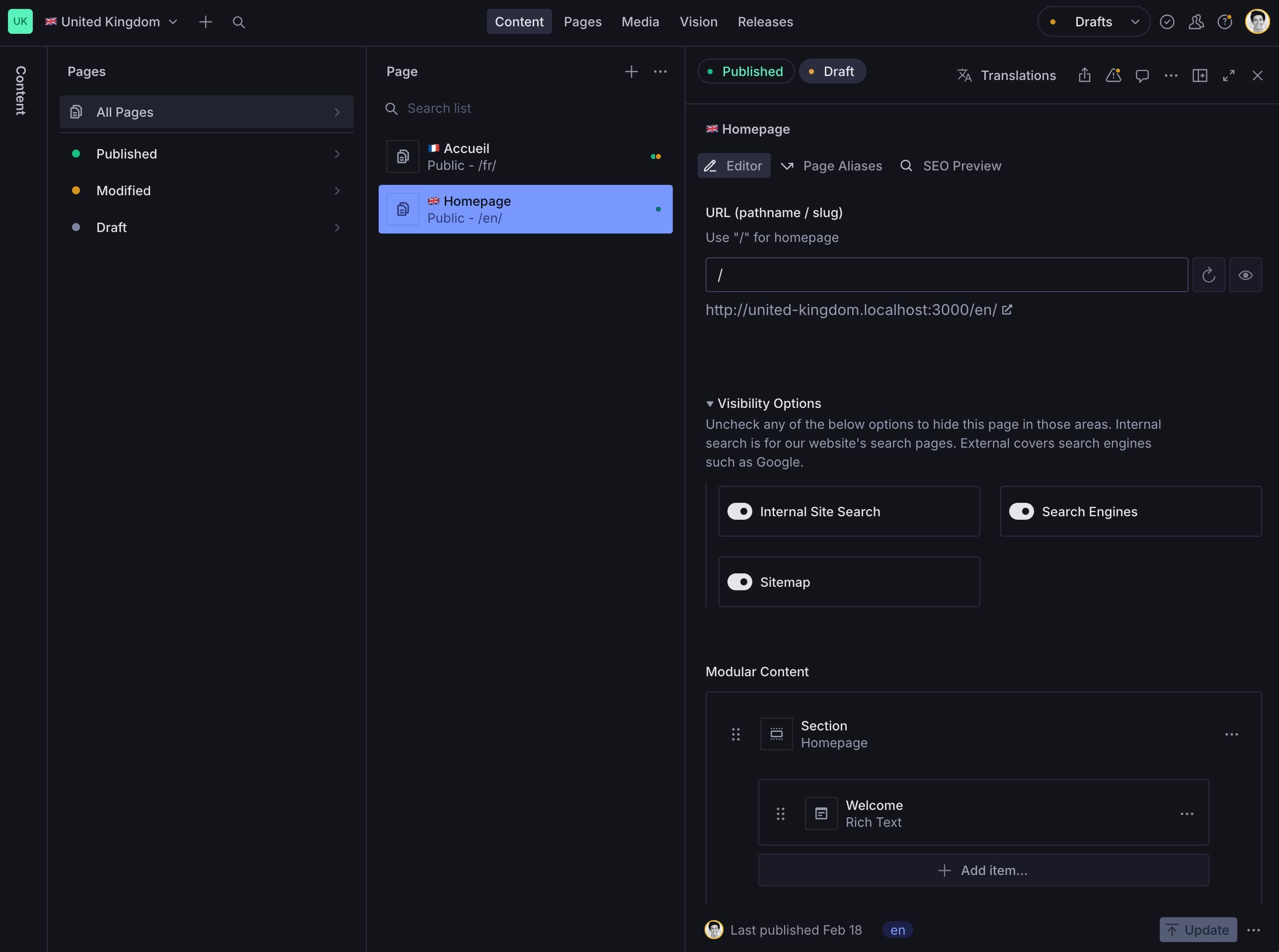 Screenshot of Sanity studio showing multi-lang pages