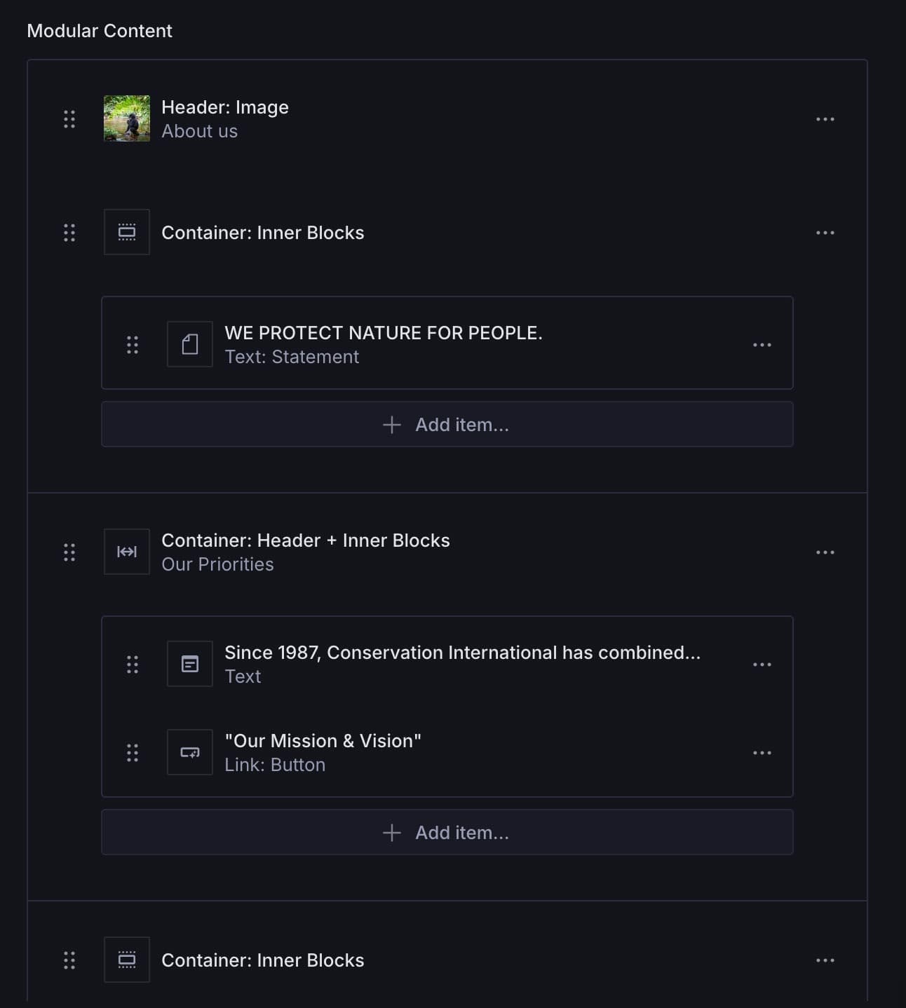 Screenshot of Lucidity.js modular blocks in sanity studio