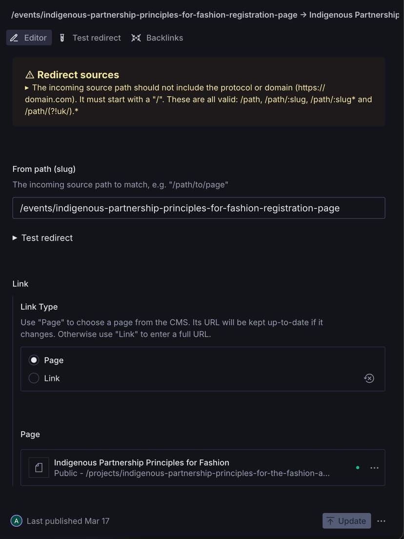 Example of redirect document in sanity studio
