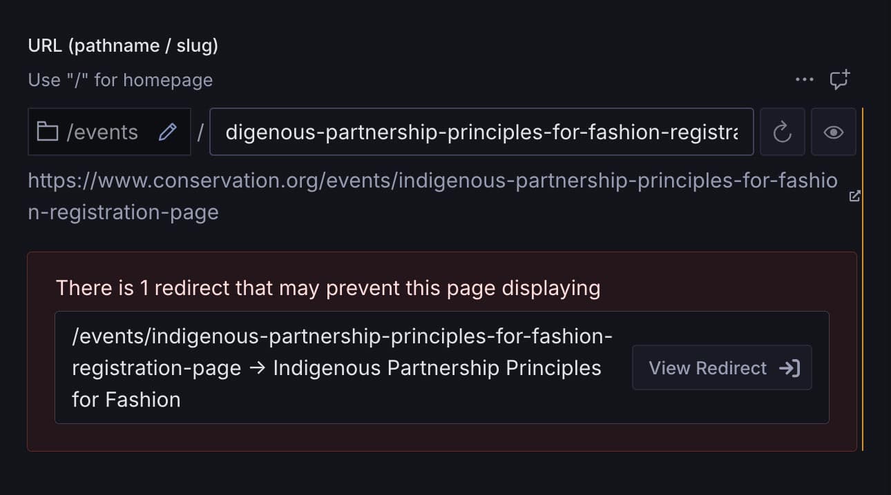Screenshot of Lucidity.js slug redirect field and info