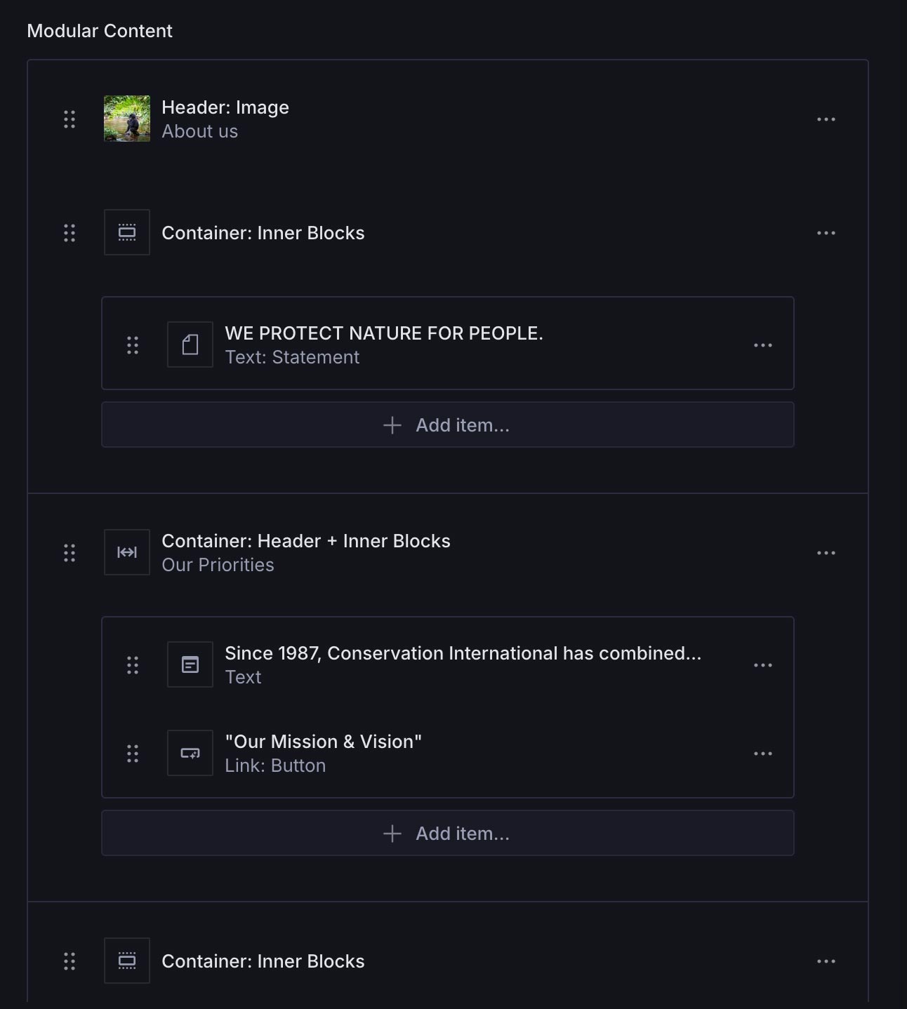 Screenshot of Lucidity.js modular blocks in sanity studio