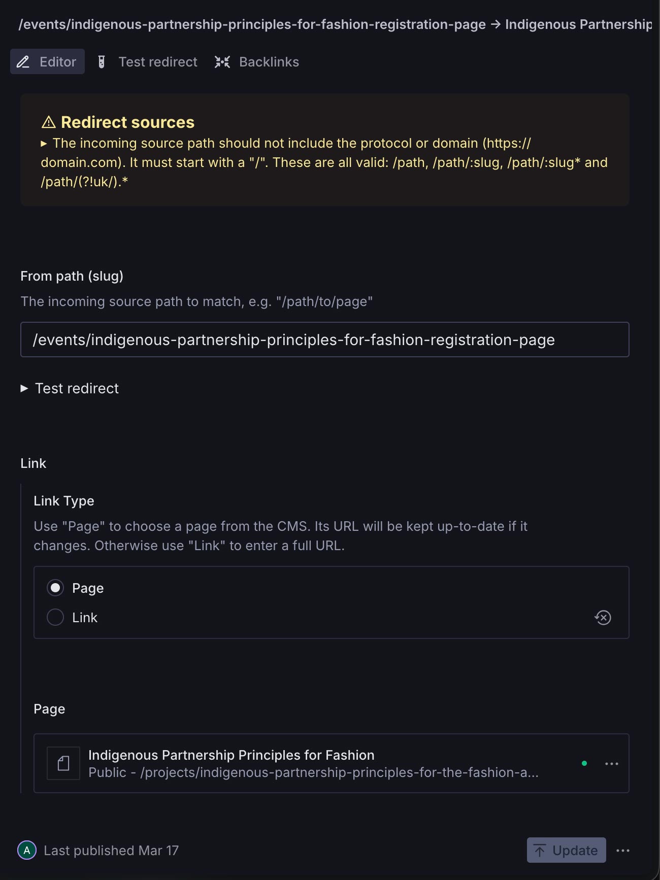 Example of redirect document in sanity studio